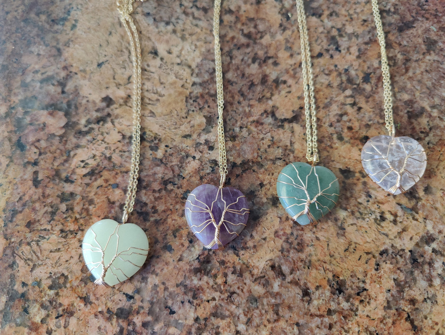 Gold Heart Hand Wired Crystal Chakra Natural Stone Crystal Necklace Pendants Amethyst Rose Quartz Aventurine Clear Crystal Quartz Opal