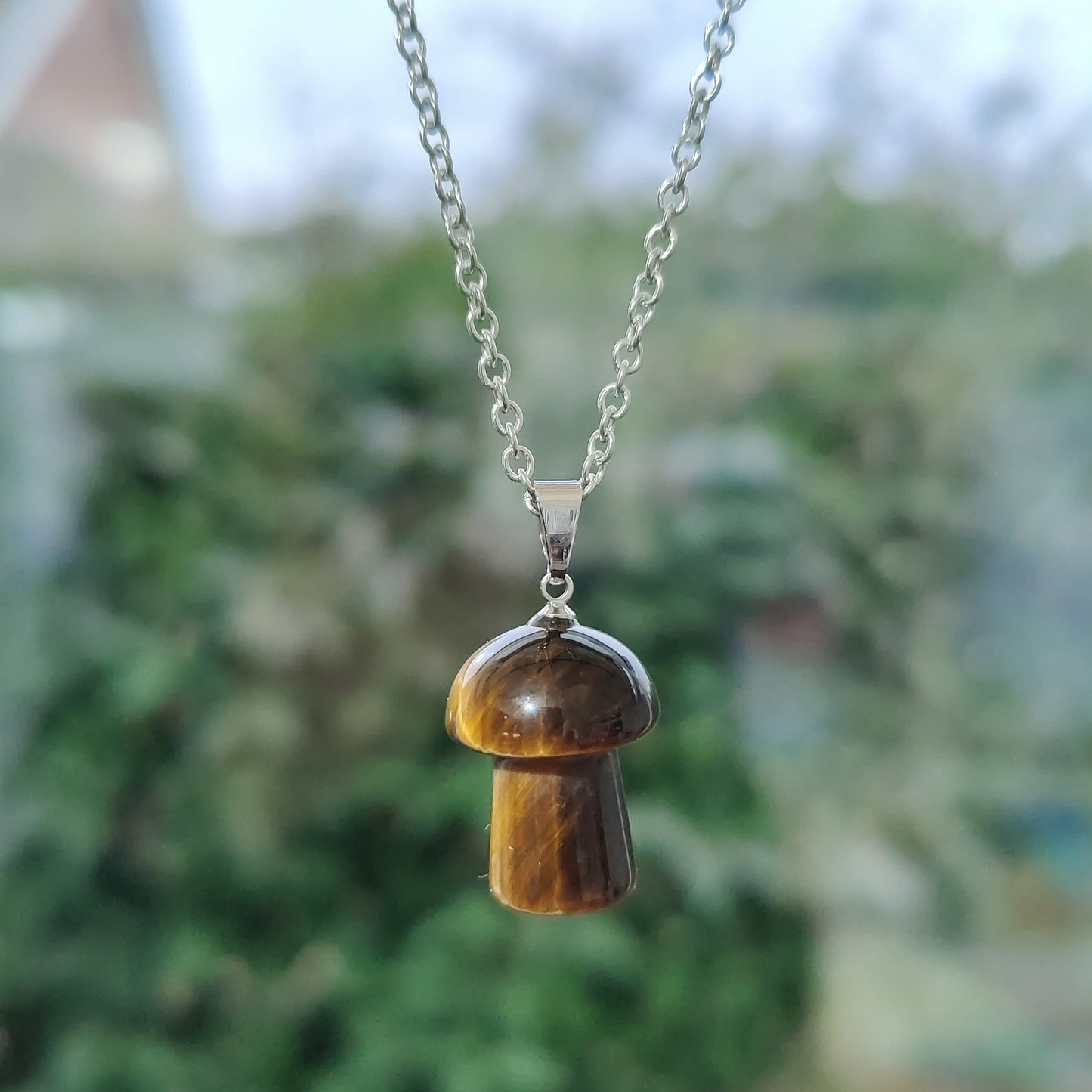 Mushroom Natural Crystal Stone Necklace Pendant Funky Cute Polished Chakra Stone Tiger's Eye Dalmationite