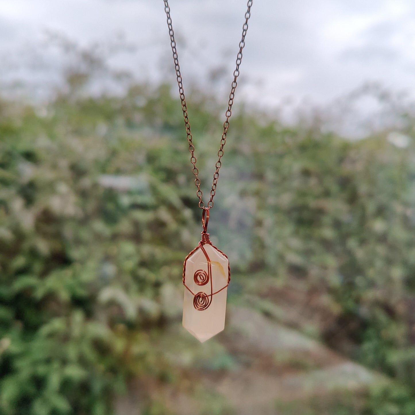 Copper Wired Wrapped Hexagonal Crystal Necklace Pendant Natural Stone Fluorite
