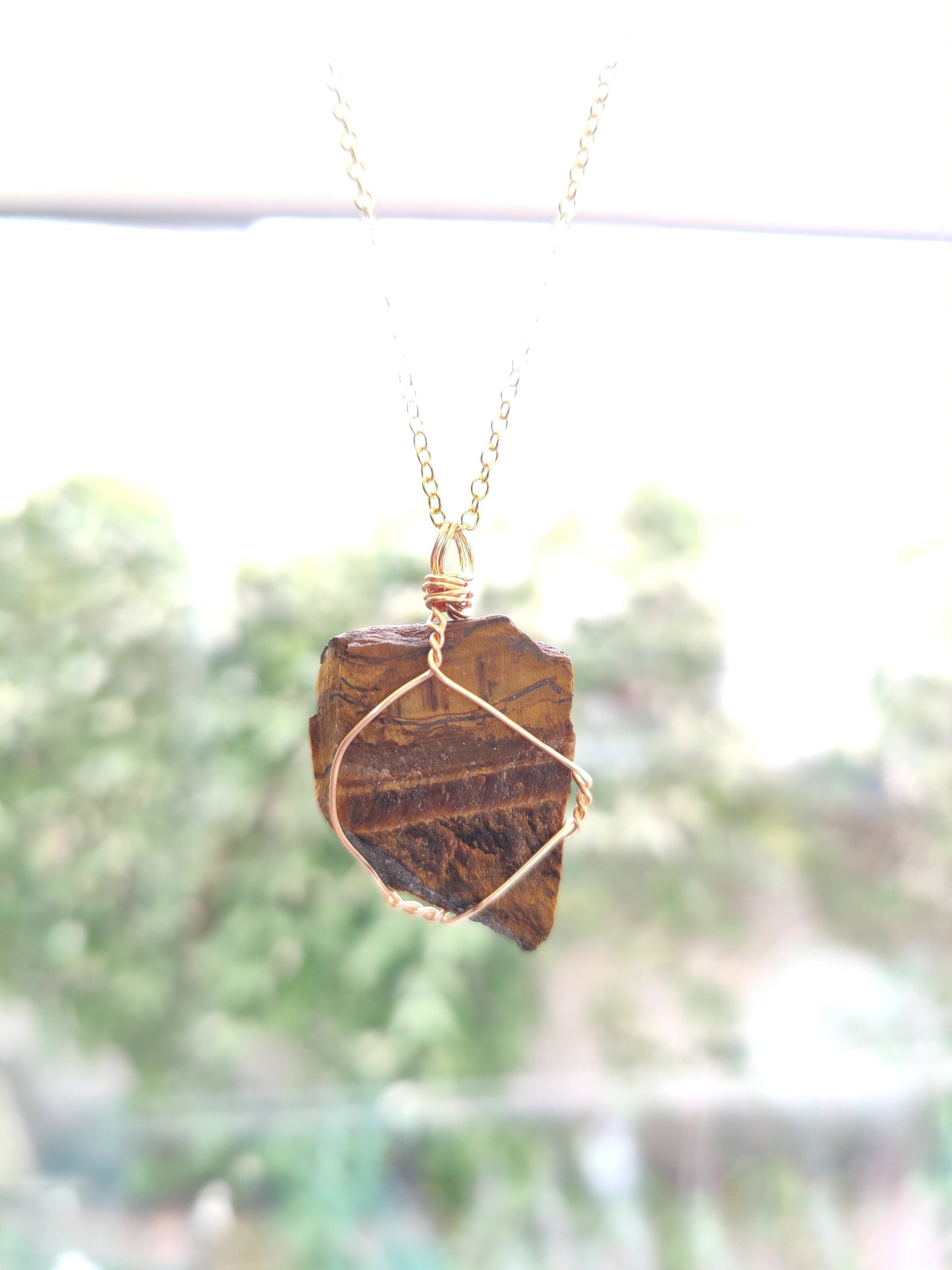 Raw Stone Gold Wire Wrapped Natural Stone Crystal Necklace Pendant Tiger's Eye, Rose Quartz, Citrin