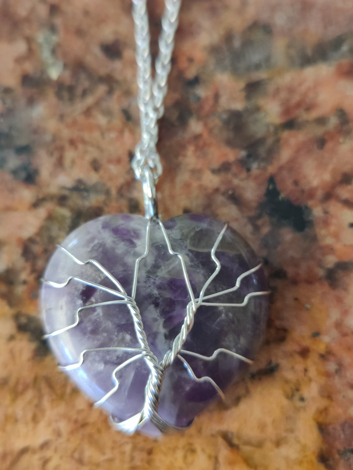 Silver Heart Hand Wired Crystal Chakra Natural Stone Crystal Necklace Pendants Amethyst Rose Quartz Aventurine Clear Crystal Quartz Opal