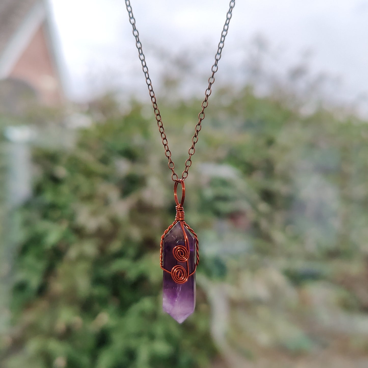 Copper Wired Wrapped Hexagonal Crystal Necklace Pendant Natural Stone Fluorite