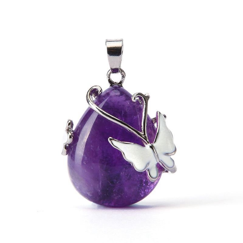 Butterfly Mounted Crystal Water Drop Natural Crystal Chakka Necklace Pendant Rose Quartz Opal Tiger's Eye Amethyst Aventurine Green
