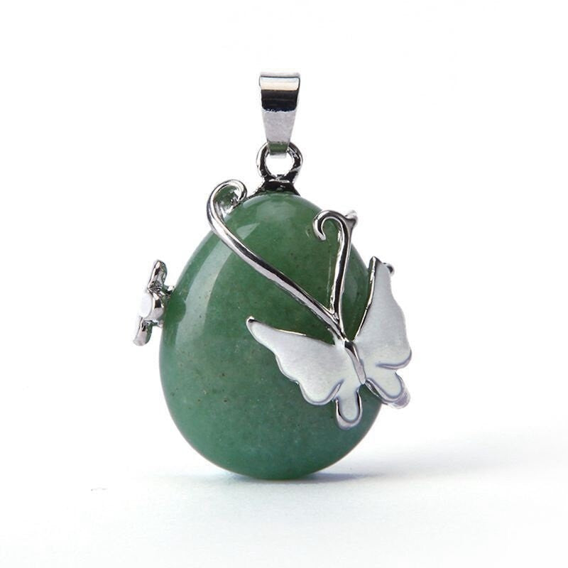 Butterfly Mounted Crystal Water Drop Natural Crystal Chakka Necklace Pendant Rose Quartz Opal Tiger's Eye Amethyst Aventurine Green