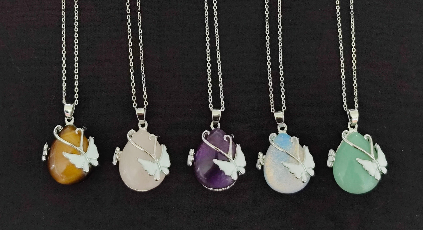 Butterfly Mounted Crystal Water Drop Natural Crystal Chakka Necklace Pendant Rose Quartz Opal Tiger's Eye Amethyst Aventurine Green