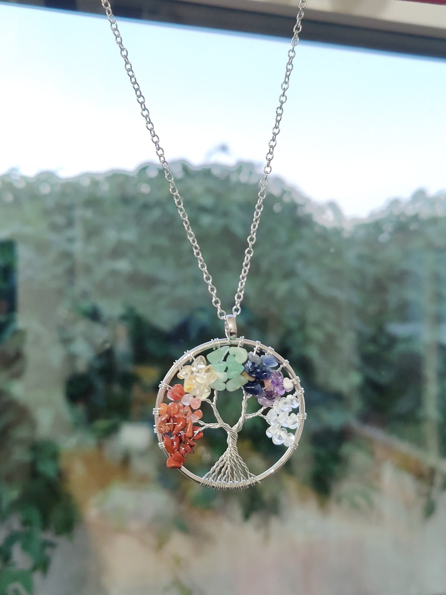 Multi Stones Tree of Life Rainbow Natural Crystal Necklace Pendant