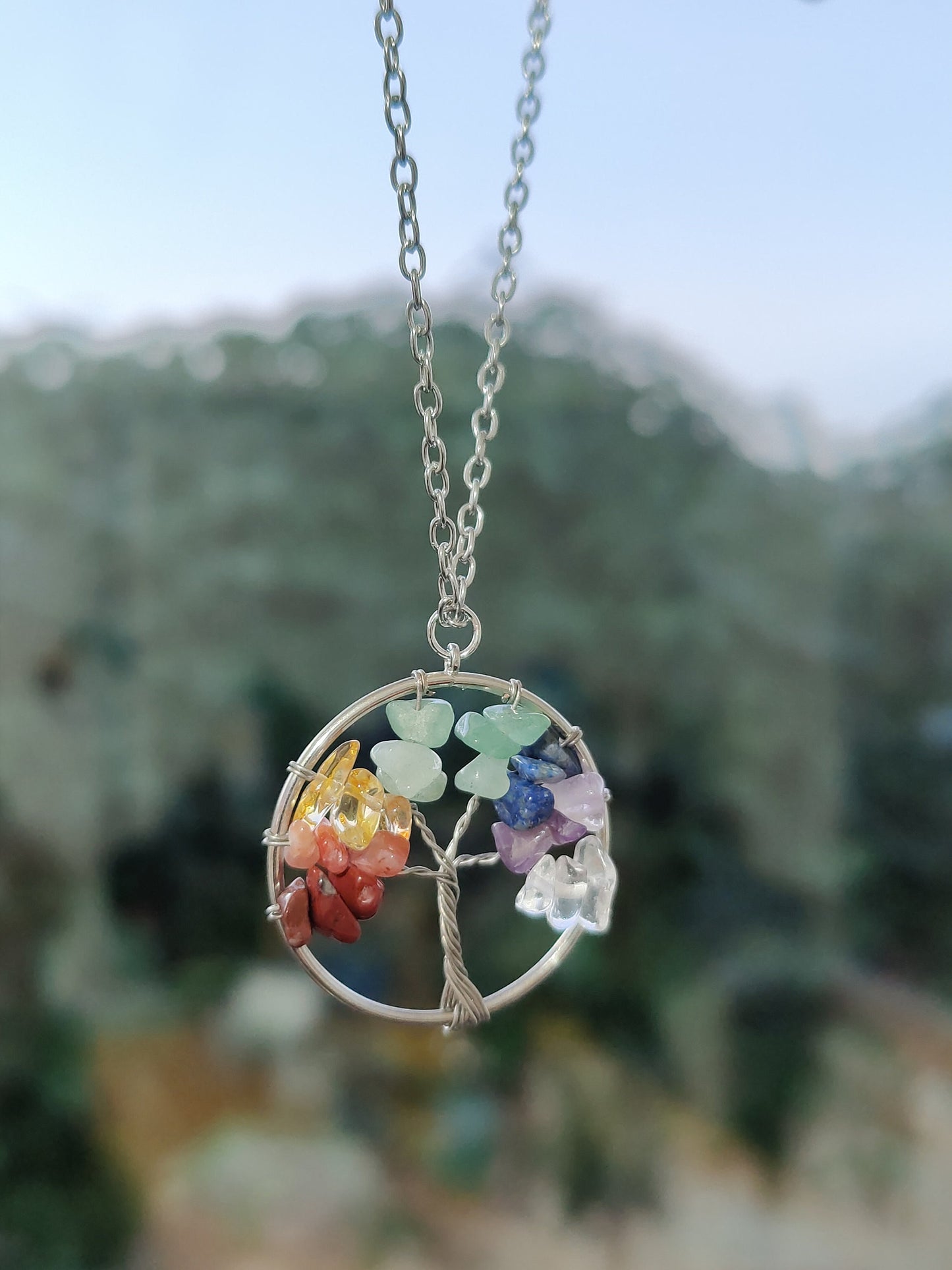Multi Stones Tree of Life Rainbow Natural Crystal Necklace Pendant