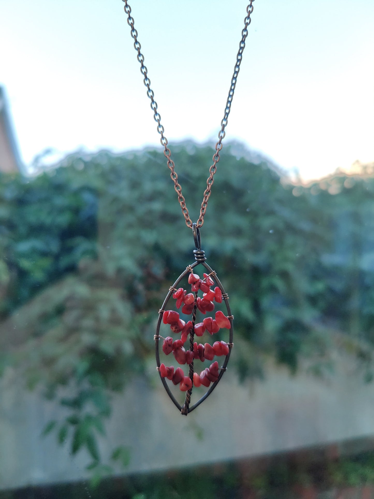 Natural Stone Crystal Gravel Tree Leaves Leaf Brass Necklace Pendant