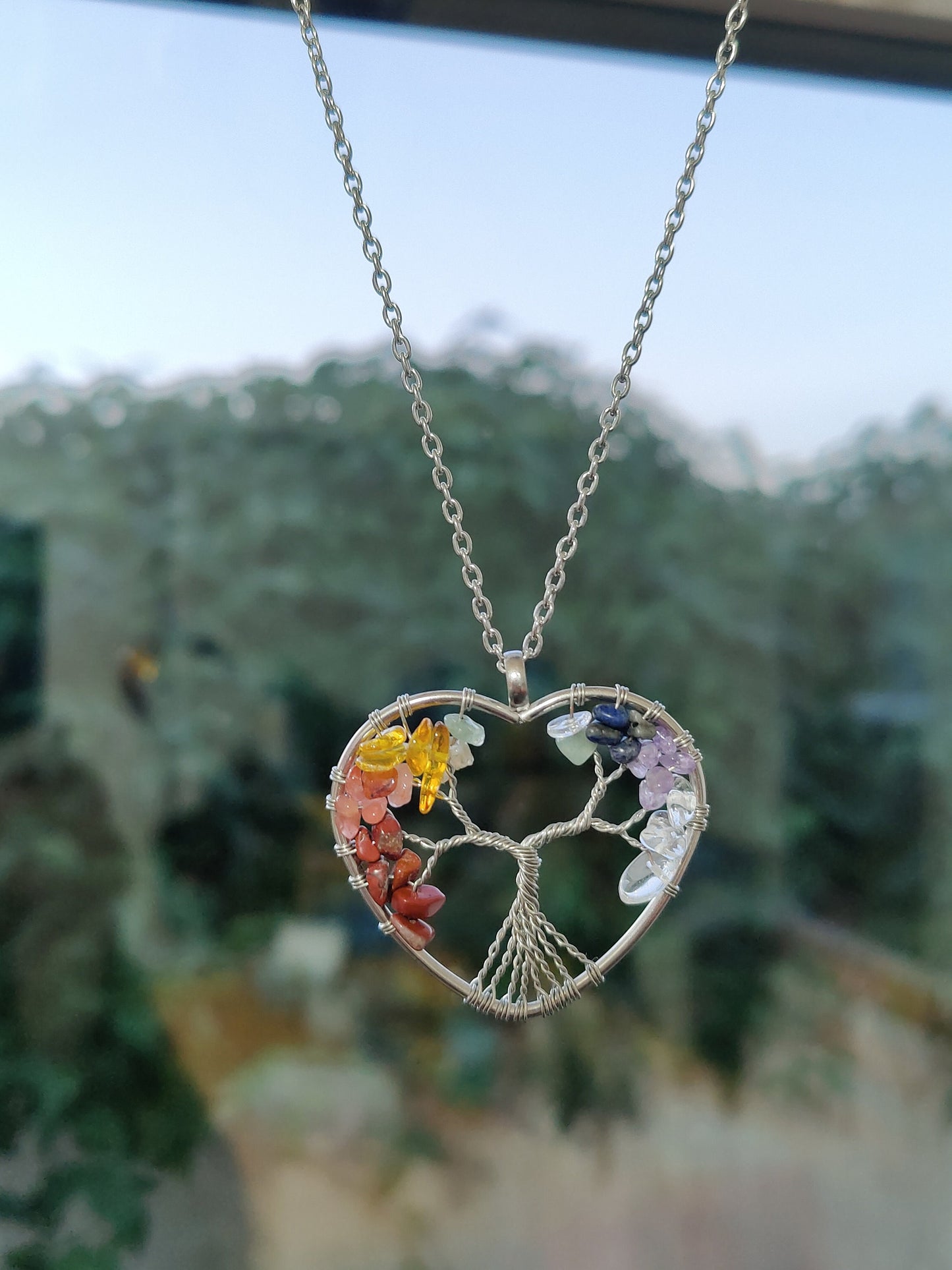 Multi Stones Tree of Life Rainbow Natural Crystal Necklace Pendant