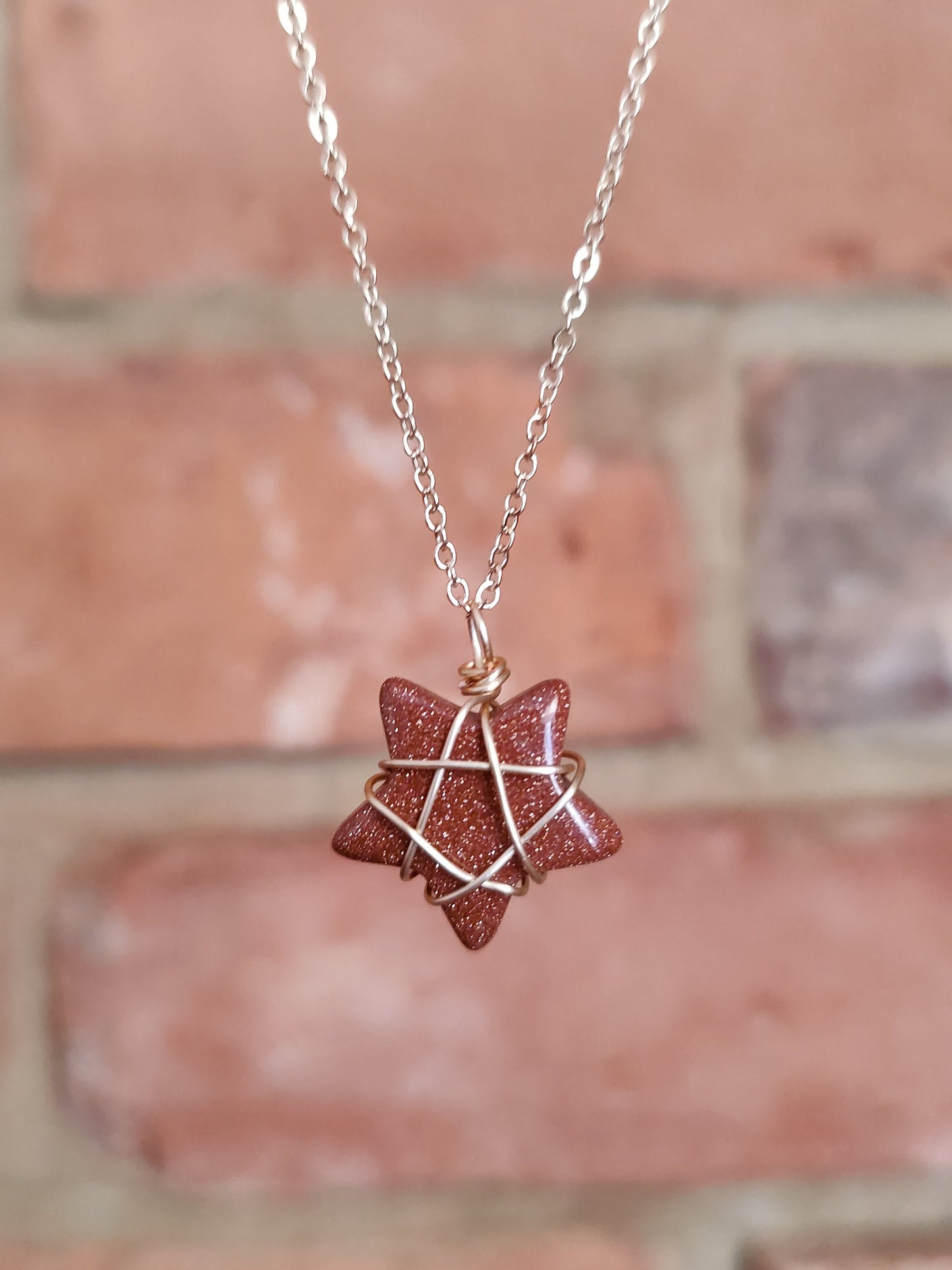 Gold Stars Wire Wrapped Necklace Natural Crystal Stone