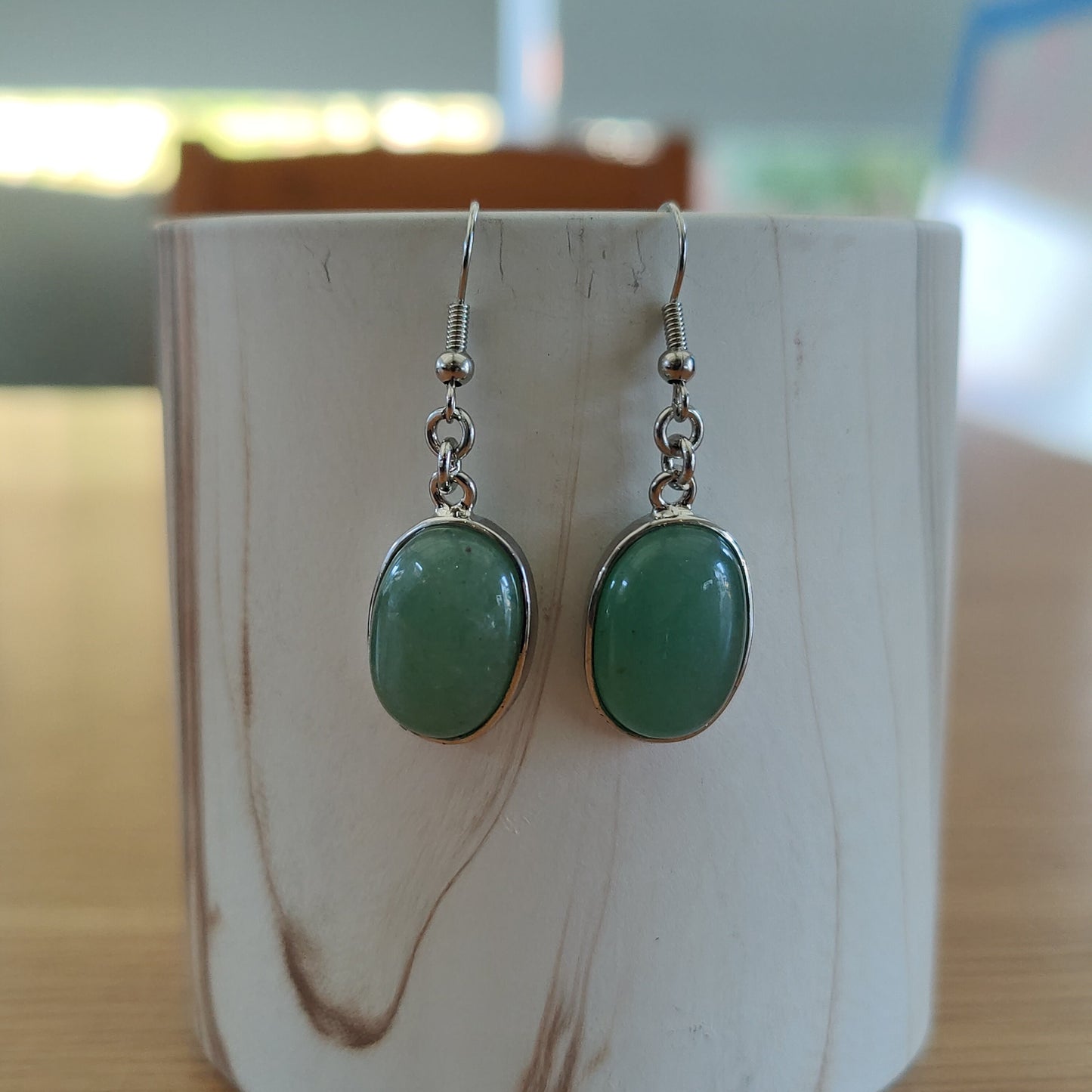 Silver Oval Dangling Aventurine Amethyst Rose Quartz Earrings Stainless Steel Hooks Handmade UK