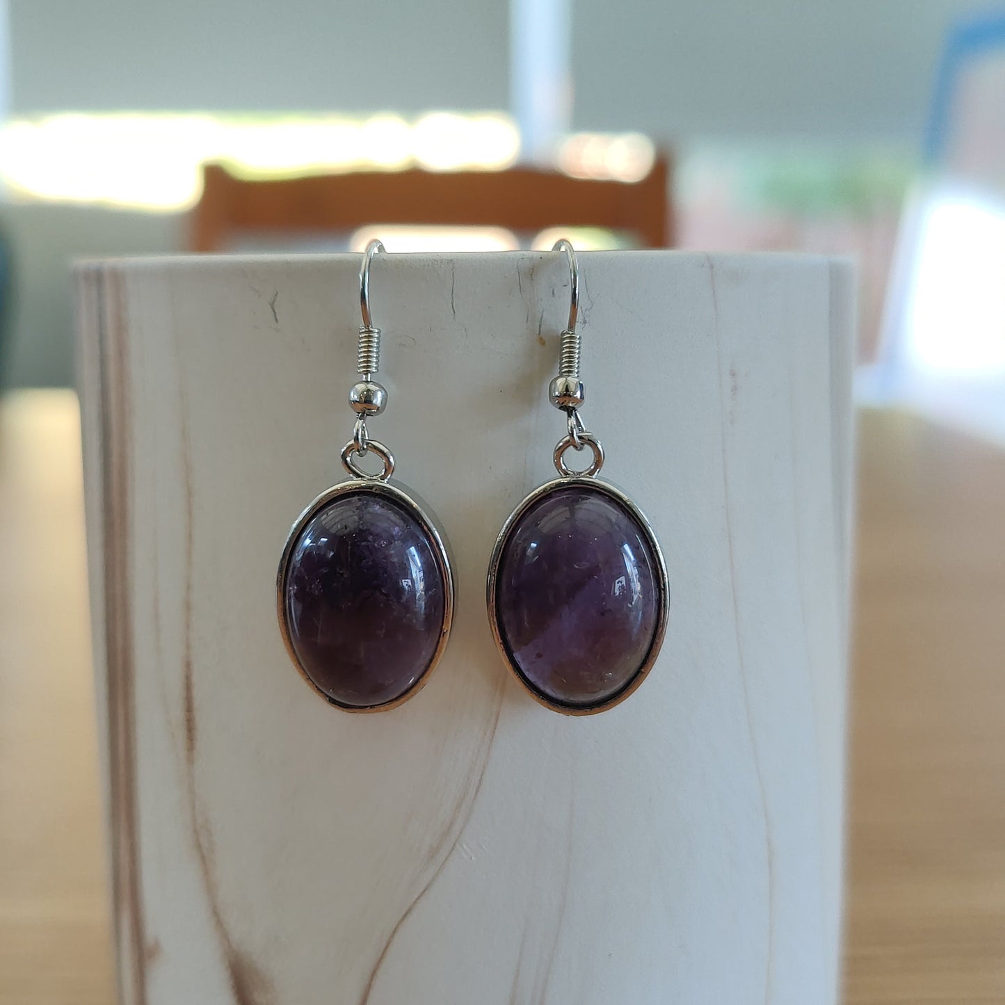 Silver Oval Dangling Aventurine Amethyst Rose Quartz Earrings Stainless Steel Hooks Handmade UK