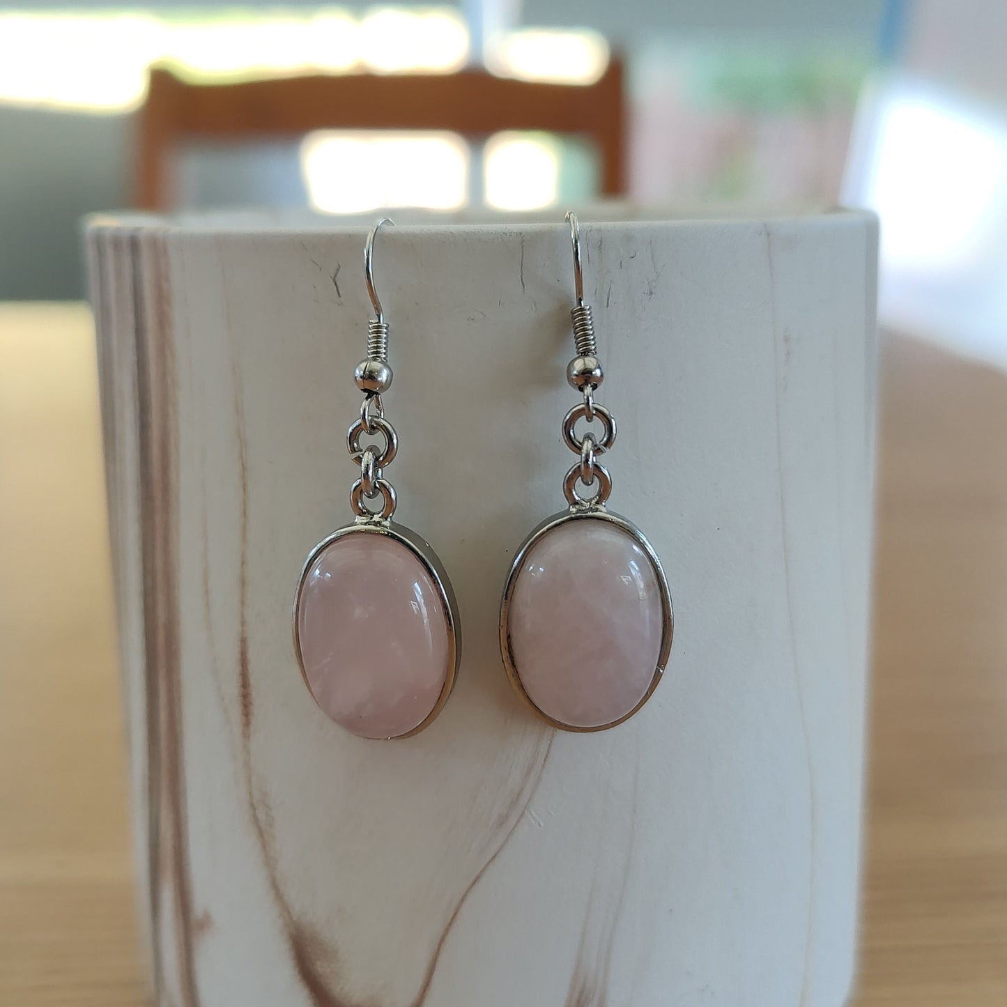Silver Oval Dangling Aventurine Amethyst Rose Quartz Earrings Stainless Steel Hooks Handmade UK
