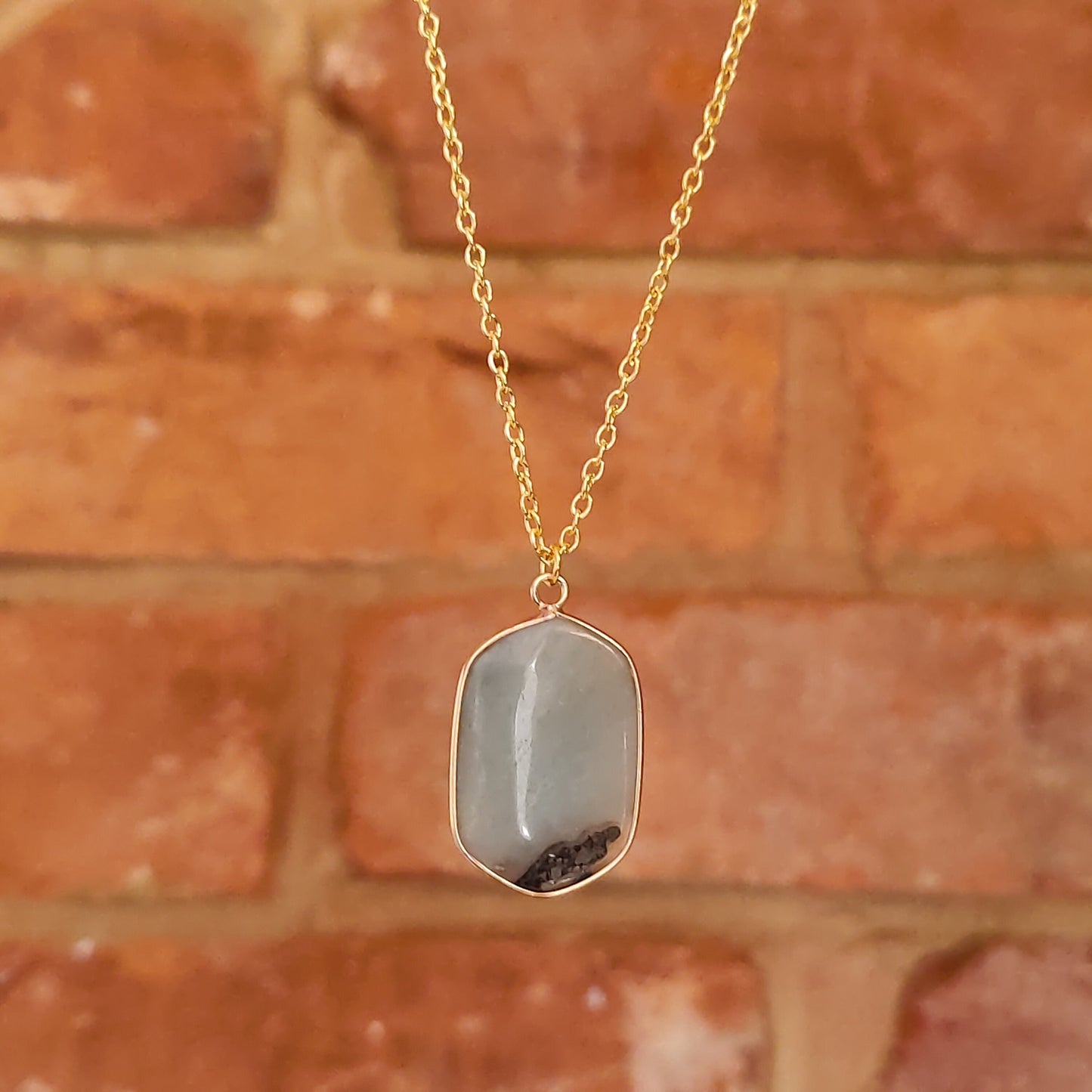 Mounted Edges Hexagon Shaped Rectangle Crystal Natural Stone Pendant Gold Tone Variety Stone Choices With Chain Lobster Closure