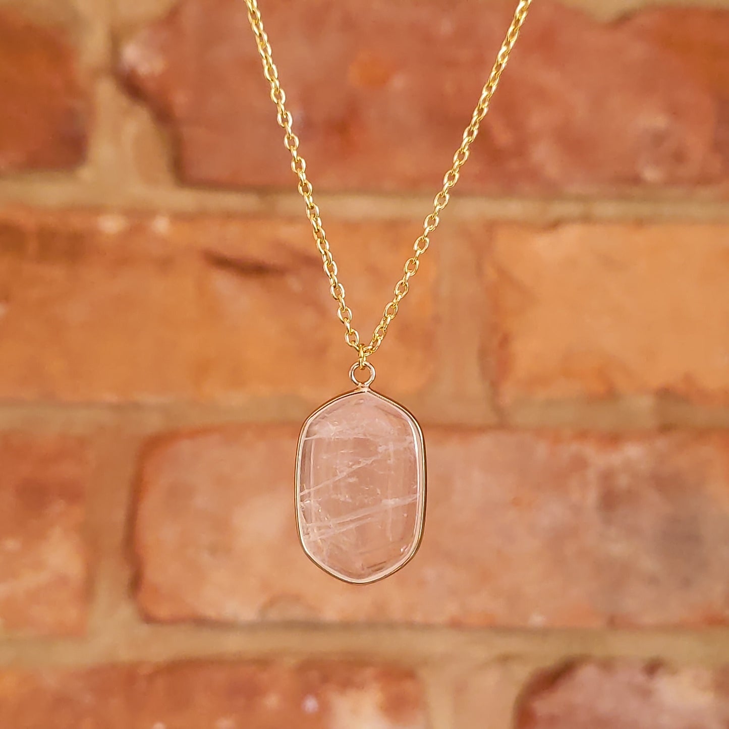 Mounted Edges Hexagon Shaped Rectangle Crystal Natural Stone Pendant Gold Tone Variety Stone Choices With Chain Lobster Closure