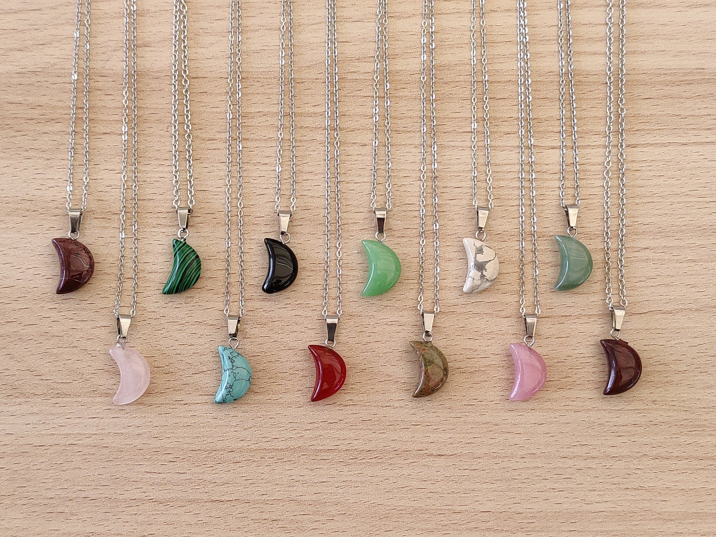 Moon Shaped Smooth Surface Natural Crystal Stone Pendant Necklace Silver Chain Hand Made