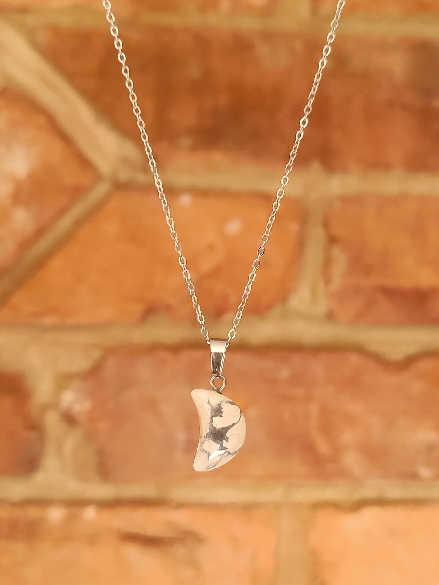 Moon Shaped Smooth Surface Natural Crystal Stone Pendant Necklace Silver Chain Hand Made
