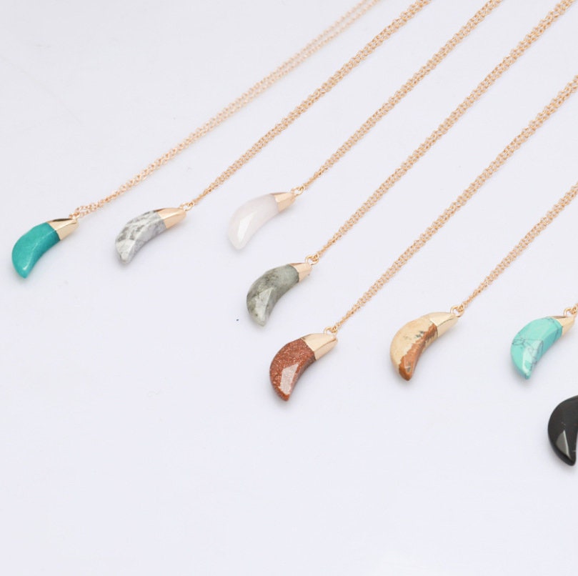 Moon Shaped Diamond Cutting Surface Natural Crystal Stone Pendant Necklace Hand Made