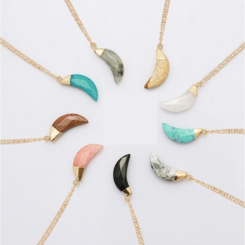 Moon Shaped Diamond Cutting Surface Natural Crystal Stone Pendant Necklace Hand Made