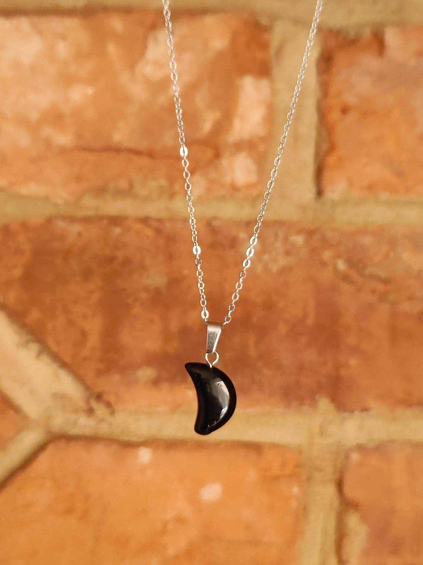 Moon Shaped Smooth Surface Natural Crystal Stone Pendant Necklace Silver Chain Hand Made