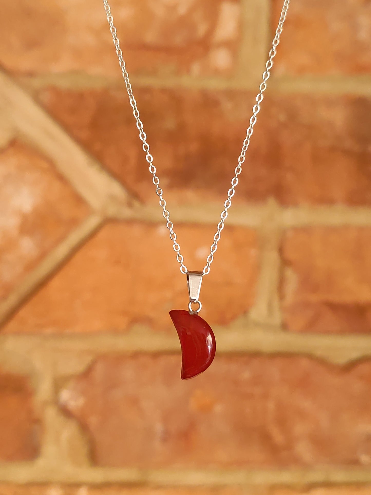 Moon Shaped Smooth Surface Natural Crystal Stone Pendant Necklace Silver Chain Hand Made