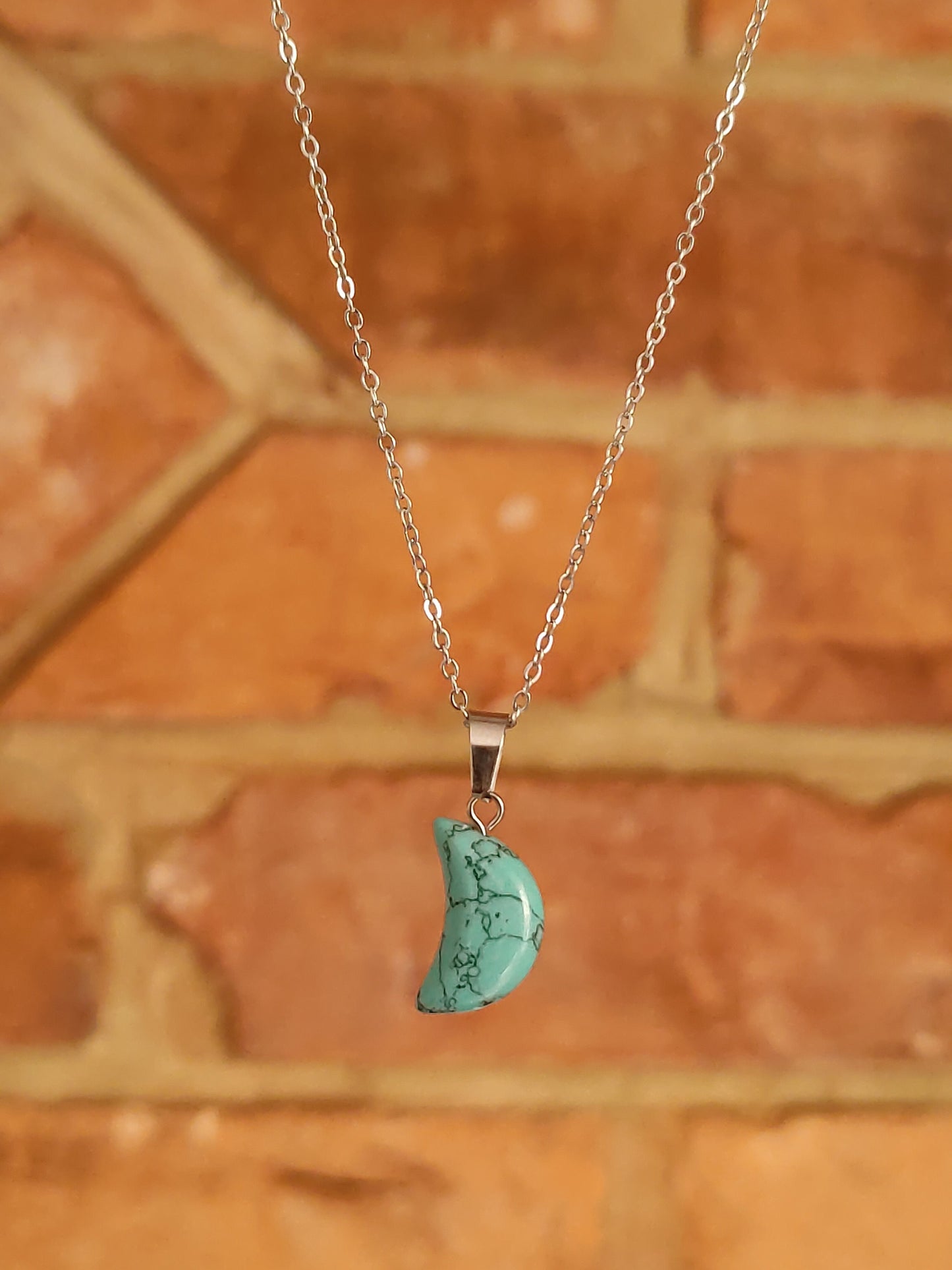 Moon Shaped Smooth Surface Natural Crystal Stone Pendant Necklace Silver Chain Hand Made