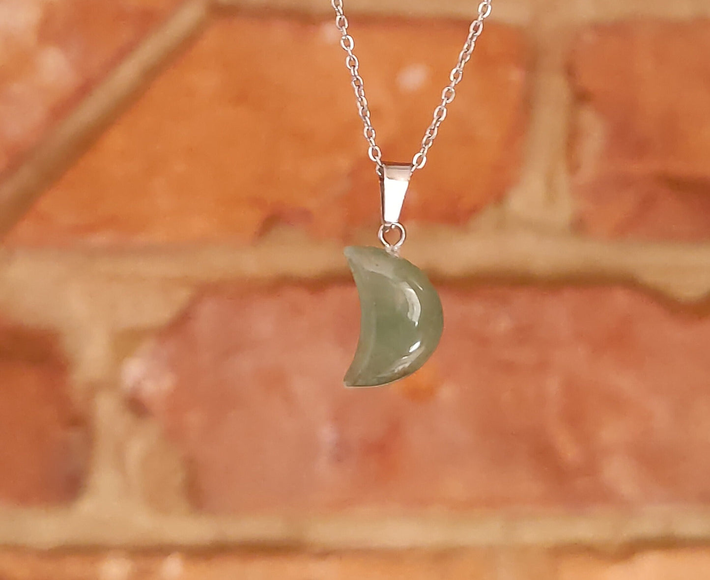 Moon Shaped Smooth Surface Natural Crystal Stone Pendant Necklace Silver Chain Hand Made Poppy Jasper
