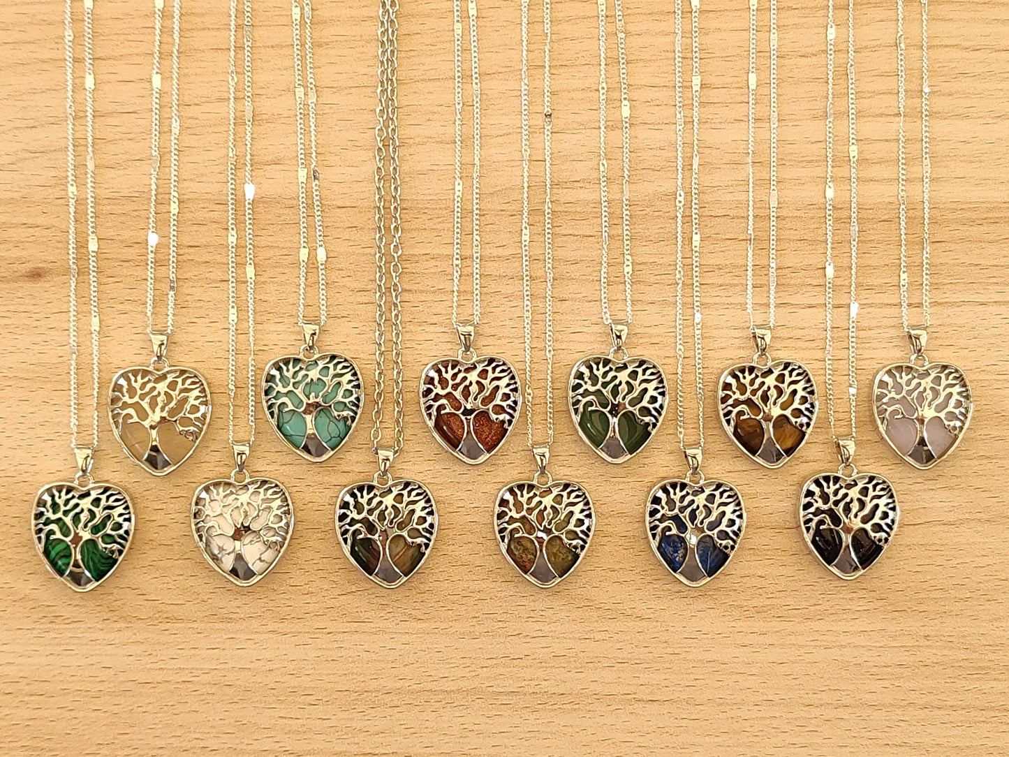 Heart Shape Tree of Life Mounted Crystal Pendant Necklace Natural Stone Positive Energy Chakra Pendants Silver Chain Necklaces