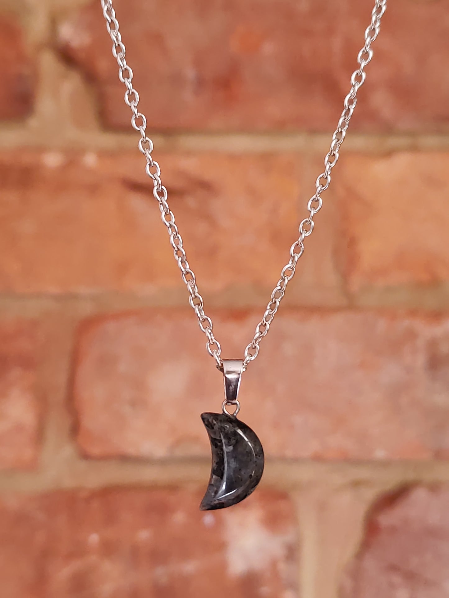 Moon Shaped Smooth Surface Natural Crystal Stone Pendant Necklace Silver Chain Hand Made Poppy Jasper