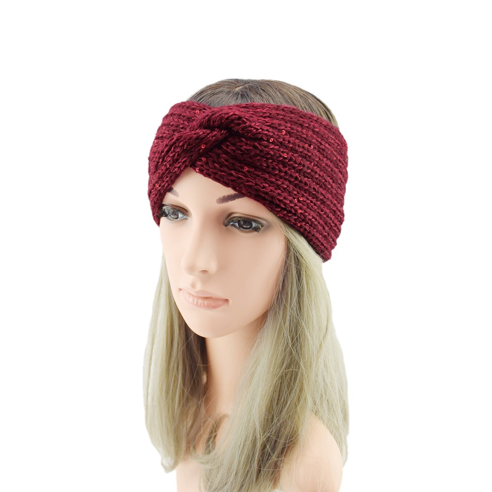 Sequin Knitted Braids Wide Headband Head Wrap Elastic Wool Ear Hairband Turban Twisted