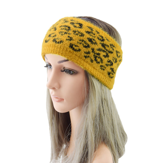 Leopard Plain Fleece Lined Knitted Braids Wide Headband Head Wrap Elastic Wool Ear Hairband Turban