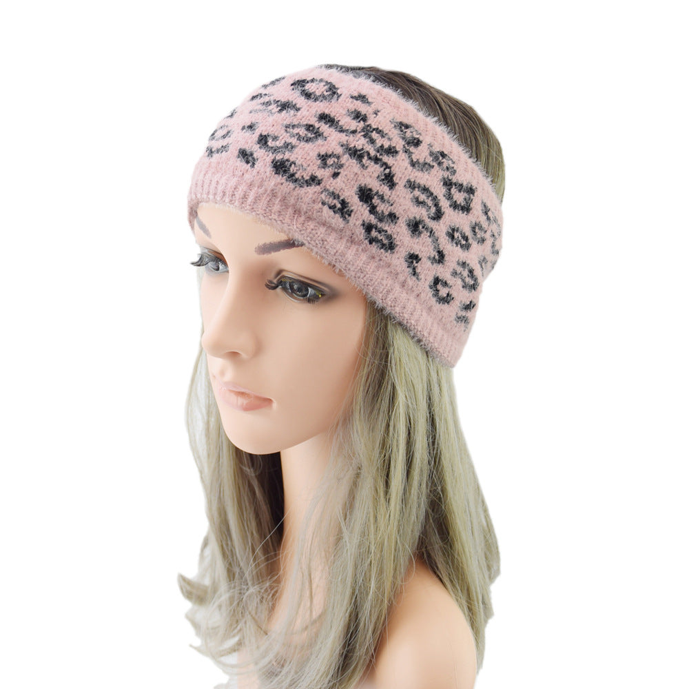 Leopard Plain Fleece Lined Knitted Braids Wide Headband Head Wrap Elastic Wool Ear Hairband Turban