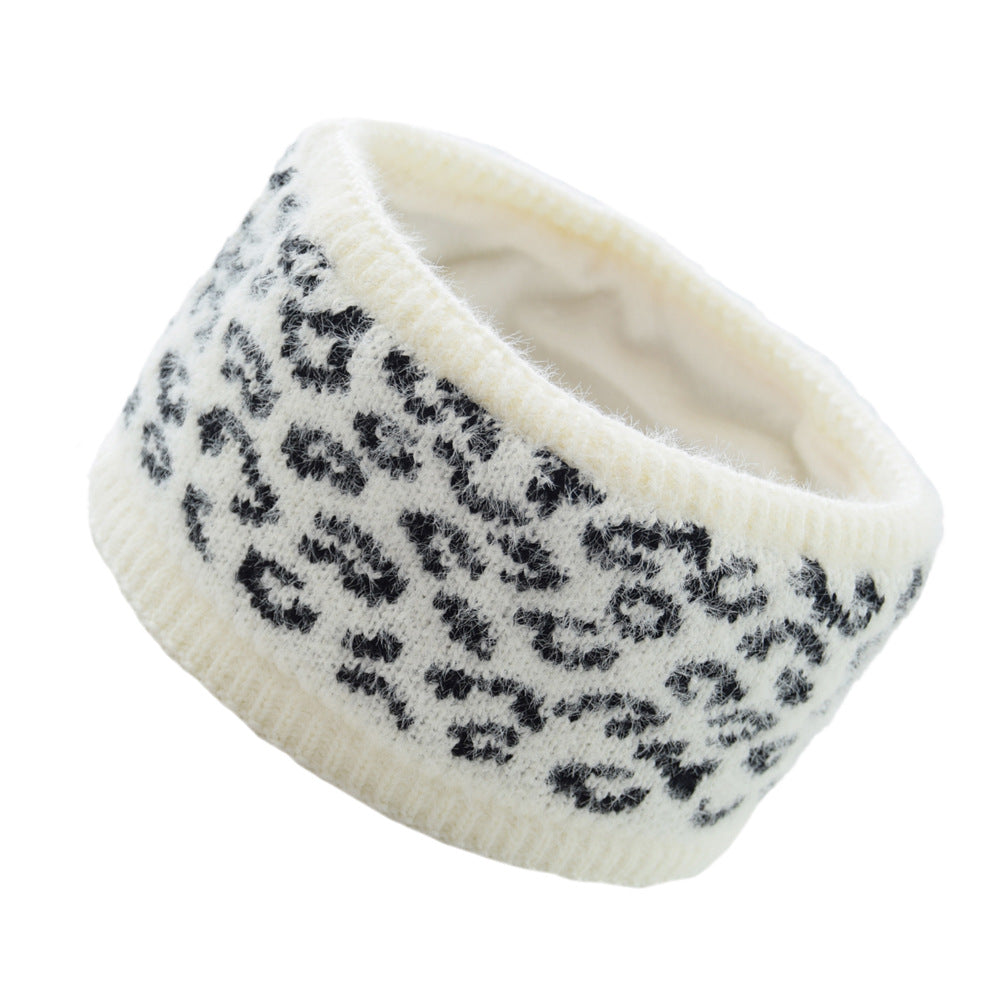 Leopard Plain Fleece Lined Knitted Braids Wide Headband Head Wrap Elastic Wool Ear Hairband Turban