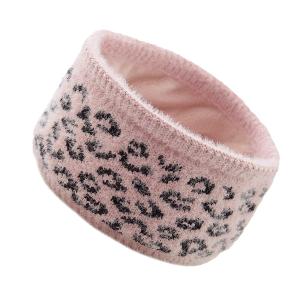 Leopard Plain Fleece Lined Knitted Braids Wide Headband Head Wrap Elastic Wool Ear Hairband Turban