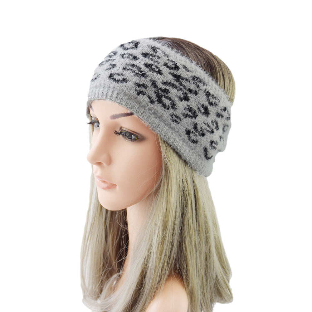 Leopard Plain Fleece Lined Knitted Braids Wide Headband Head Wrap Elastic Wool Ear Hairband Turban