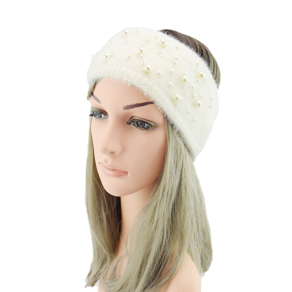 Pearl Fleece Lined Knitted Braids Wide Headband Head Wrap Elastic Wool Ear Hairband Turban