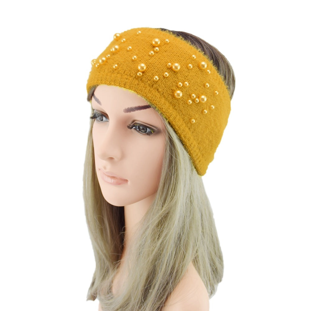 Pearl Fleece Lined Knitted Braids Wide Headband Head Wrap Elastic Wool Ear Hairband Turban