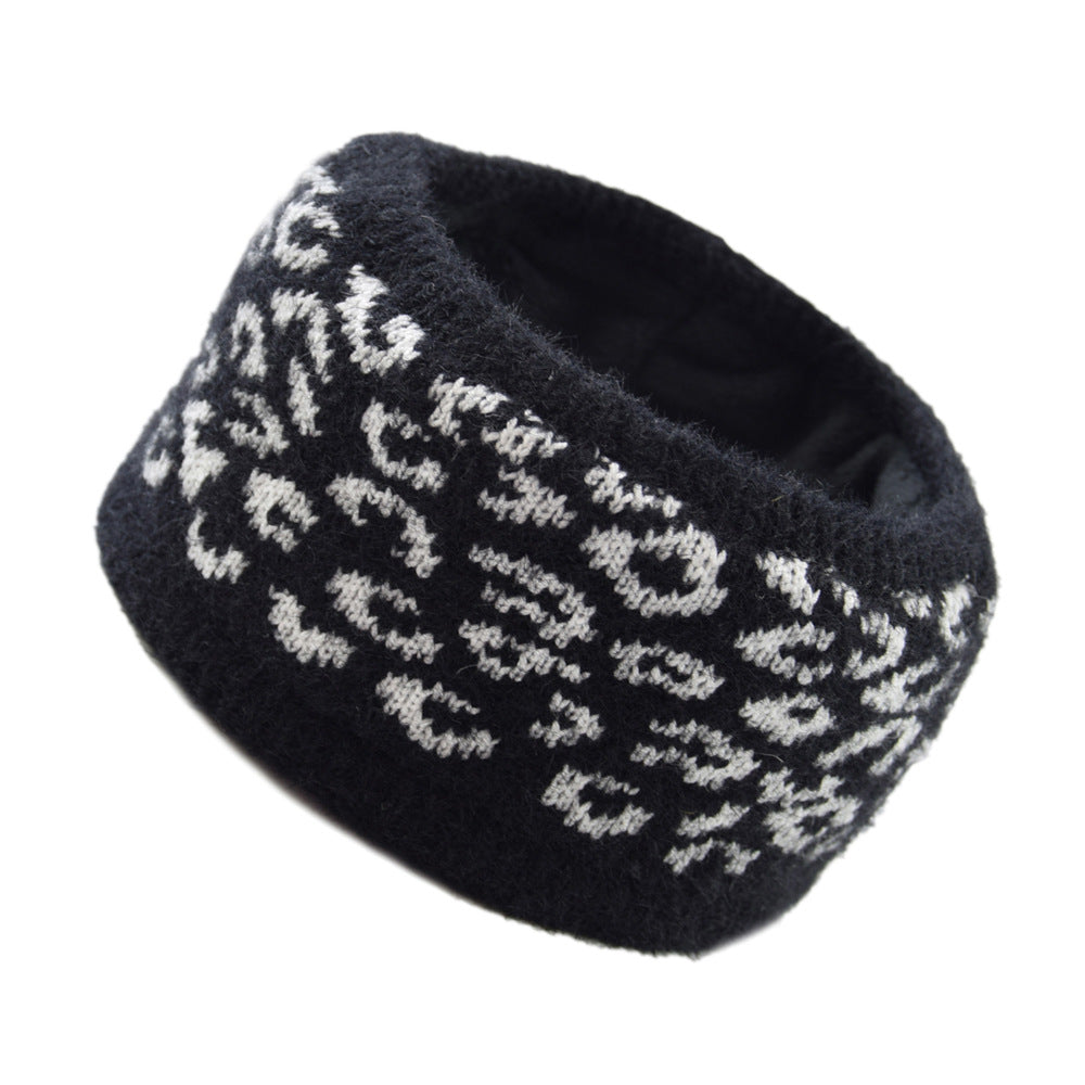 Leopard Plain Fleece Lined Knitted Braids Wide Headband Head Wrap Elastic Wool Ear Hairband Turban