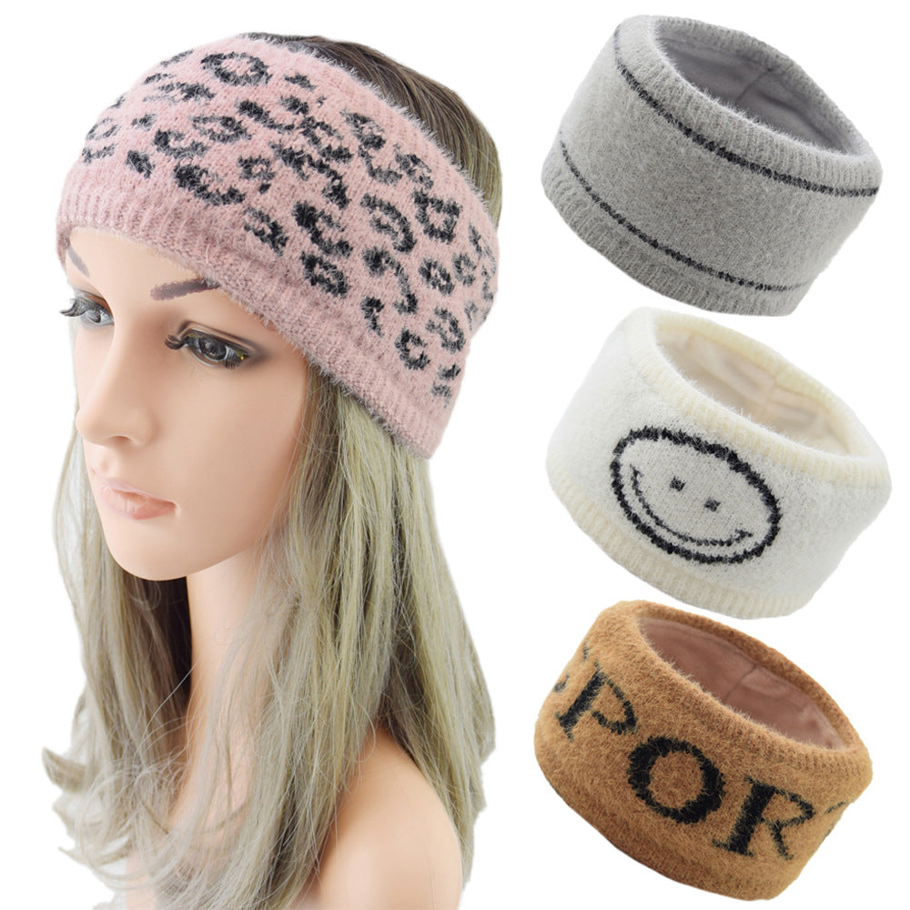 Leopard Plain Fleece Lined Knitted Braids Wide Headband Head Wrap Elastic Wool Ear Hairband Turban