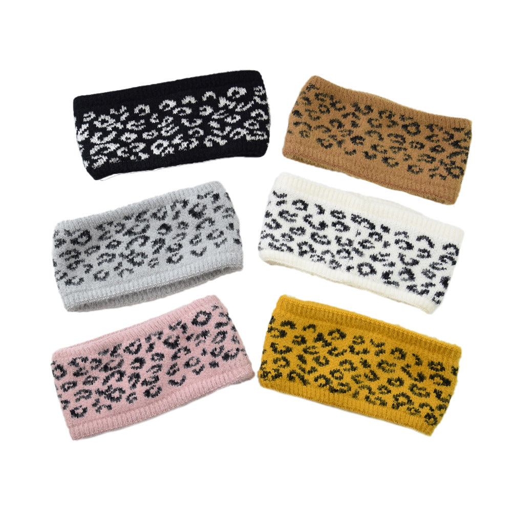 Leopard Plain Fleece Lined Knitted Braids Wide Headband Head Wrap Elastic Wool Ear Hairband Turban