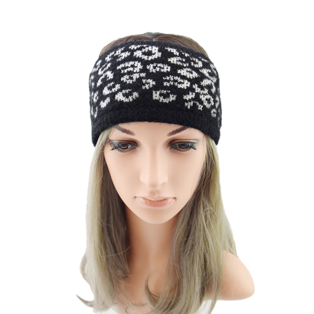 Leopard Plain Fleece Lined Knitted Braids Wide Headband Head Wrap Elastic Wool Ear Hairband Turban