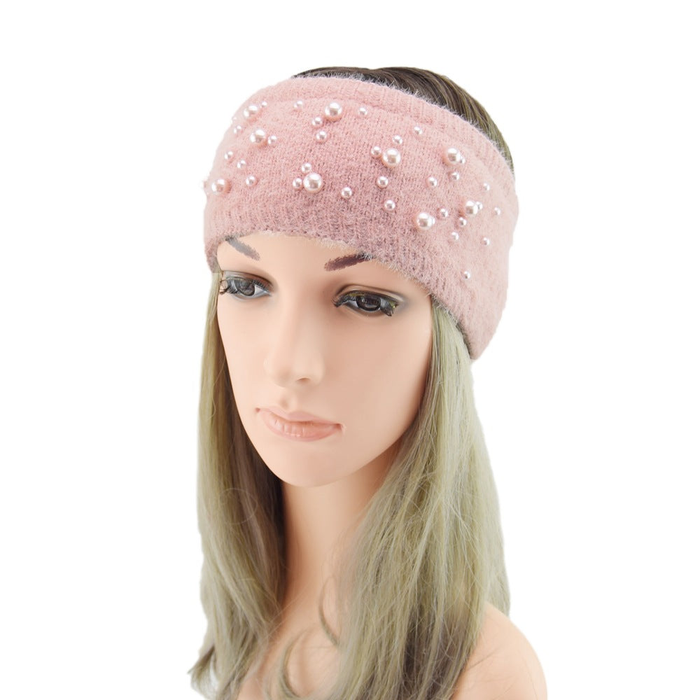 Pearl Fleece Lined Knitted Braids Wide Headband Head Wrap Elastic Wool Ear Hairband Turban