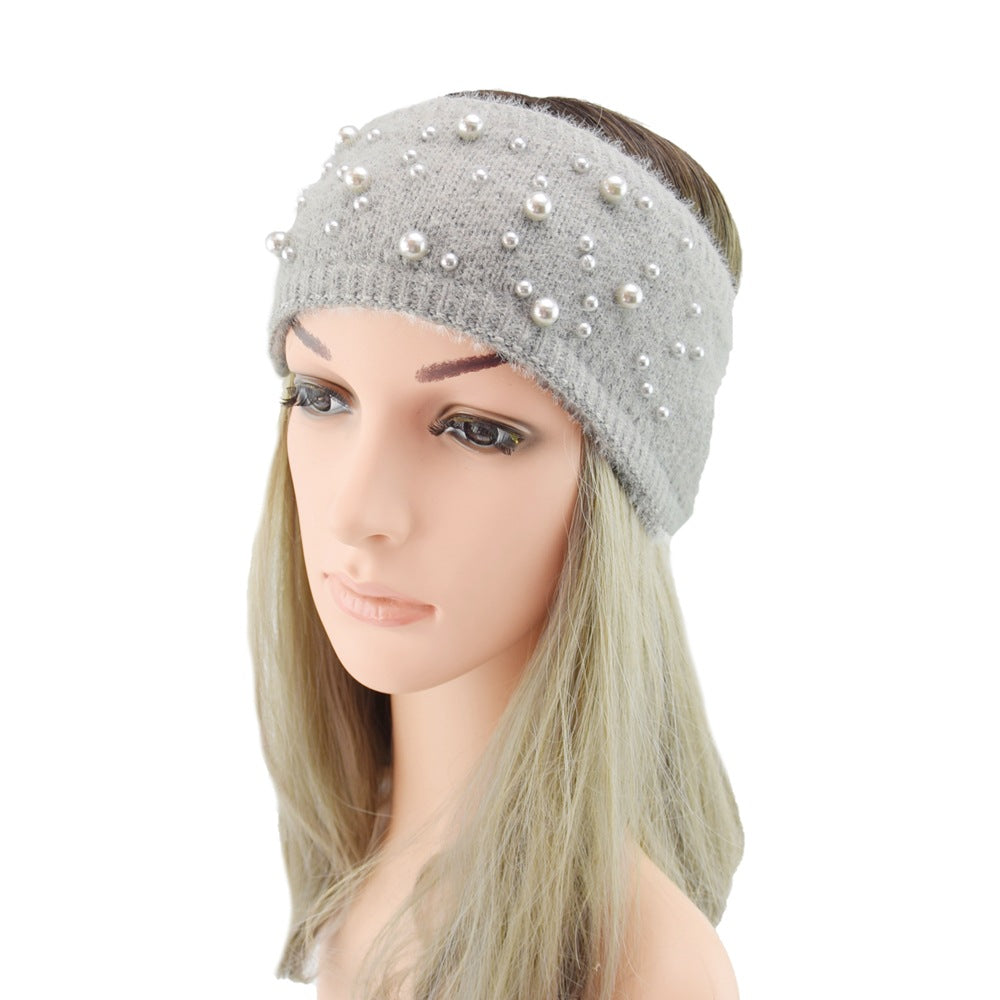 Pearl Fleece Lined Knitted Braids Wide Headband Head Wrap Elastic Wool Ear Hairband Turban