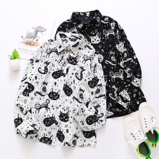 Long Sleeves Chic Spaces Cat Shirt Cats CHIFFON Dancing Cats Prints Shirt BLOUSE Soft UK