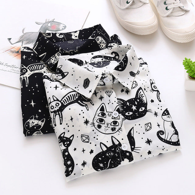 Long Sleeves Chic Spaces Cat Shirt Cats CHIFFON Dancing Cats Prints Shirt BLOUSE Soft UK