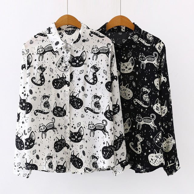 Long Sleeves Chic Spaces Cat Shirt Cats CHIFFON Dancing Cats Prints Shirt BLOUSE Soft UK