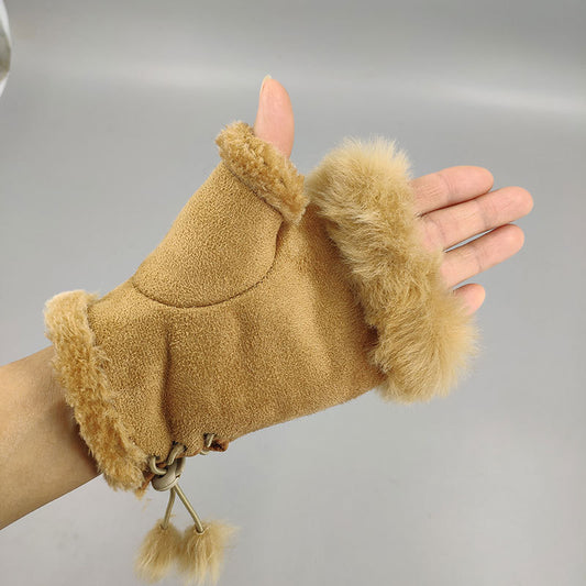 Winter Fingerless Suede Faux Fur Gloves Mittens Soft Warm Fleece Lined UK