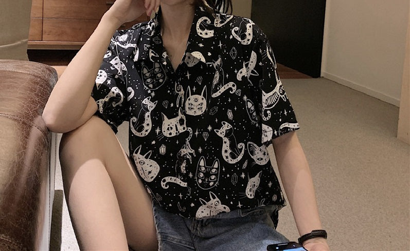 Short Sleeves Chic Spaces Cat Shirt Cats CHIFFON Dancing Cats Prints Shirt BLOUSE Soft