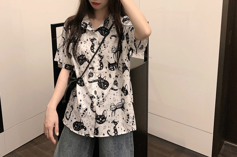 Short Sleeves Chic Spaces Cat Shirt Cats CHIFFON Dancing Cats Prints Shirt BLOUSE Soft