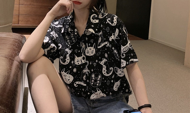 Short Sleeves Chic Spaces Cat Shirt Cats CHIFFON Dancing Cats Prints Shirt BLOUSE Soft